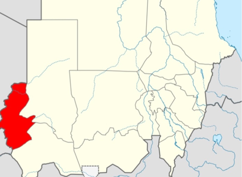 اللون الأحمر يوضح موقع ولاية غرب دارفور الجنينة